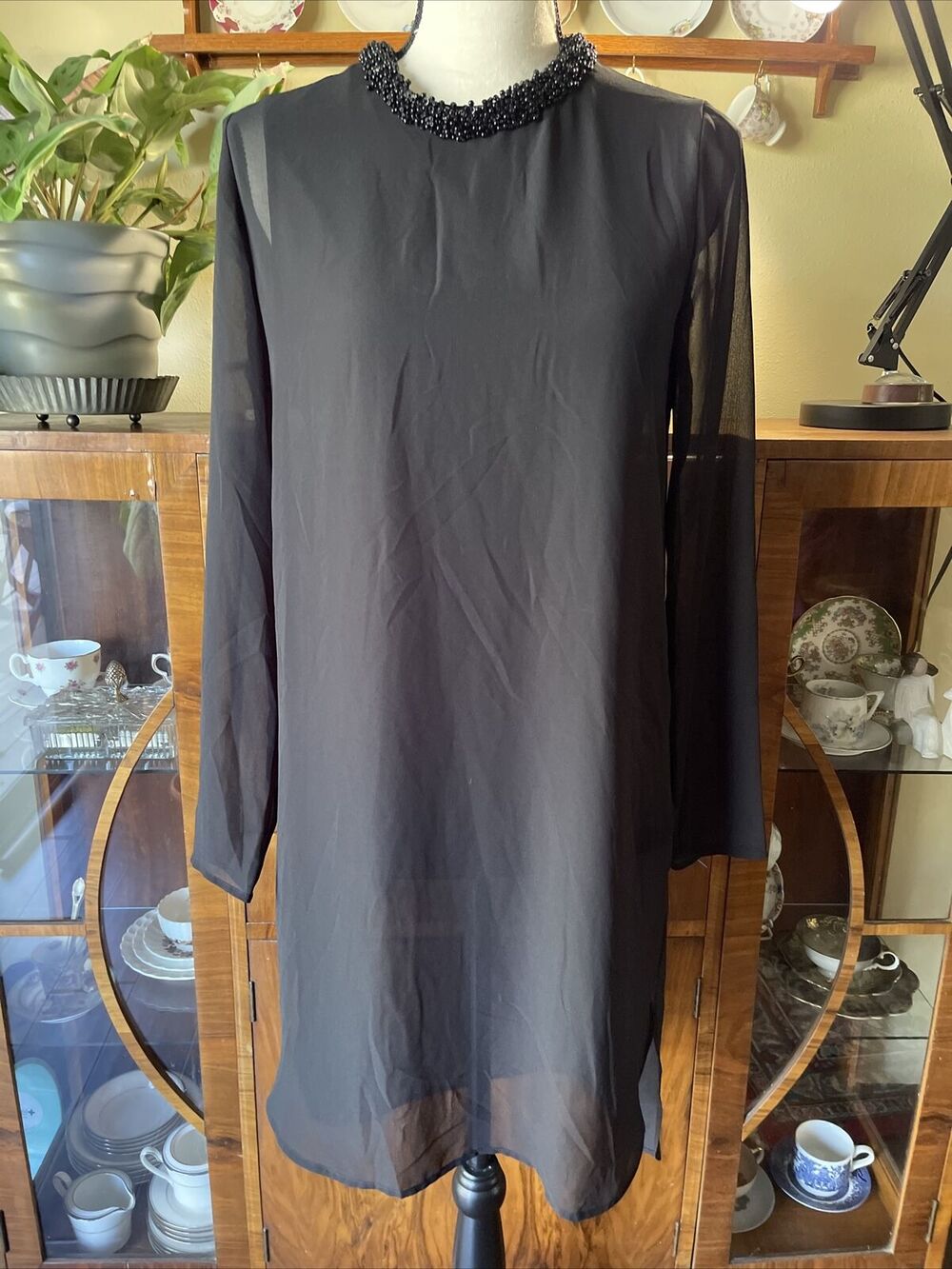 Gianni Bini Black Sheer Party Shift Dress Beaded Neckline Split Side Size XS